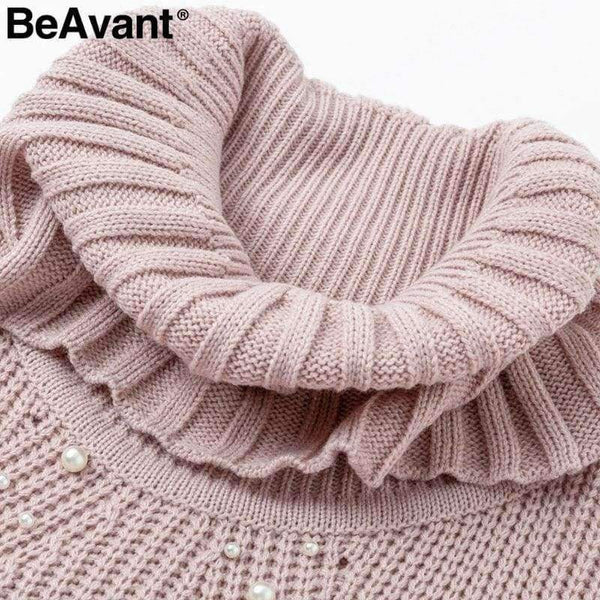 Planet Gates Turtleneck plus size loose knitted sweater Beading split casual pullover sweater Long sleeve womens jumpers winter 2018