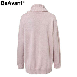 Planet Gates Turtleneck plus size loose knitted sweater Beading split casual pullover sweater Long sleeve womens jumpers winter 2018