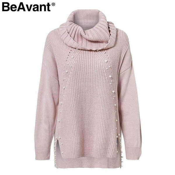 Planet Gates Turtleneck plus size loose knitted sweater Beading split casual pullover sweater Long sleeve womens jumpers winter 2018