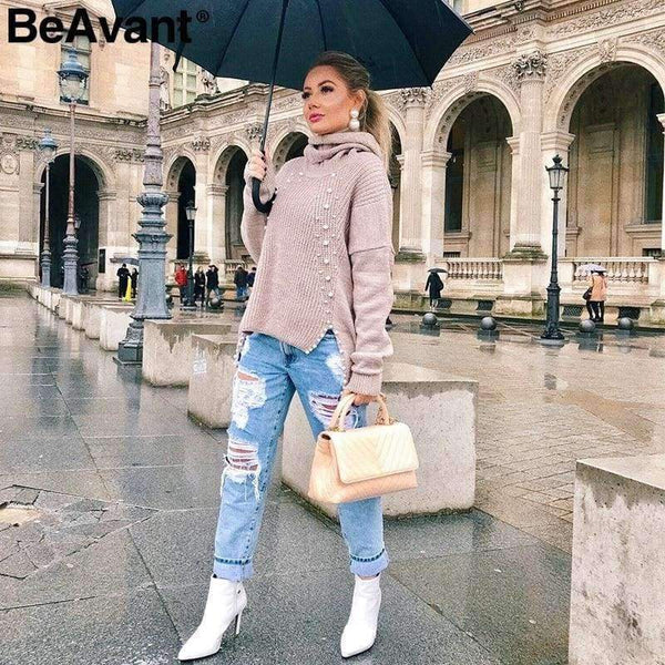 Planet Gates Turtleneck plus size loose knitted sweater Beading split casual pullover sweater Long sleeve womens jumpers winter 2018