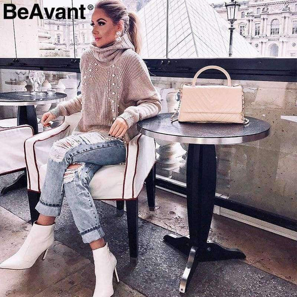 Planet Gates Turtleneck plus size loose knitted sweater Beading split casual pullover sweater Long sleeve womens jumpers winter 2018