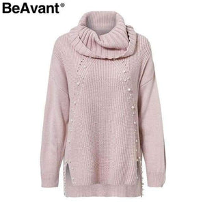 Planet Gates Turtleneck plus size loose knitted sweater Beading split casual pullover sweater Long sleeve womens jumpers winter 2018