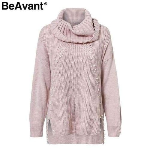 Planet Gates Turtleneck plus size loose knitted sweater Beading split casual pullover sweater Long sleeve womens jumpers winter 2018
