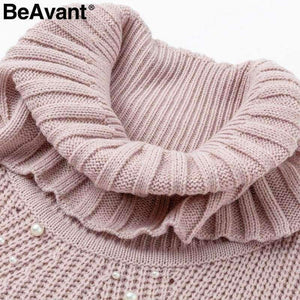 Planet Gates Turtleneck plus size loose knitted sweater Beading split casual pullover sweater Long sleeve womens jumpers winter 2018