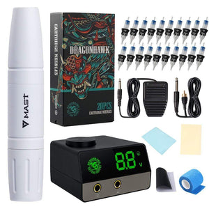 Planet Gates Two Stoke Length Rotary Mast Magi White Tattoo Pen Machine Kit with LCD Power Supply Silicone Case Cartridge Needles Set