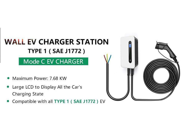 Planet Gates Type 1 EV Car Charger Electric Vehicle Charging Station SAE J1772 32A 1 Phase Plug 7.68KW EVSE Wallbox Level 2 for Tesla EV Cars