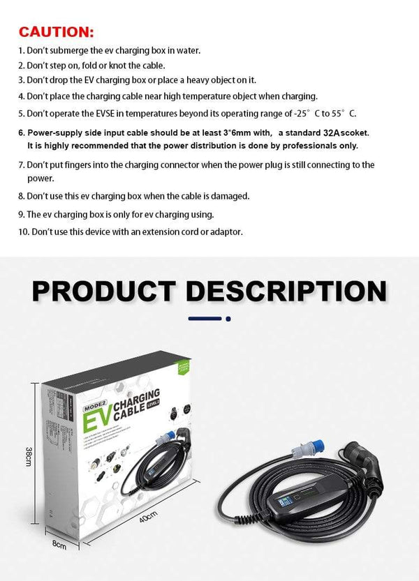 Planet Gates Type 2 EV Charger Level 2 32 Amp Portable Electric Vehicle Charger, CEE Plug 220V-240V  Car Charging Cable, IEC 62196-2