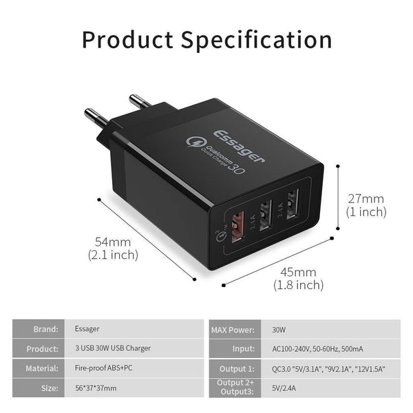 Quick Charge 3.0 3 USB Charger 30W QC 3.0 Fast Charging USB Wall Charger For iPhone Samsung Xiaomi Mobile Phone Charger - Planet Gates