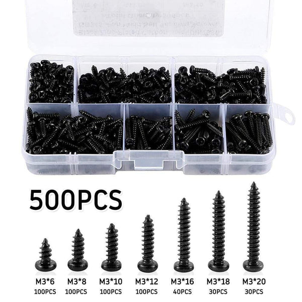 215/340pcs Pan Head Tapping Screw Cross Head M3/M4/M3.5/M4.8 Self Tapping Screw Set Assortment Kit Black Furniture Carbon Steel
