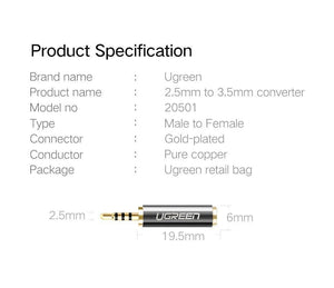 Planet Gates Ugreen 2.5mm Male to 3.5mm Female Stereo Full Metal Earphone Audio Headphone Adapter Connector Converter For iPhone Mobile Phone