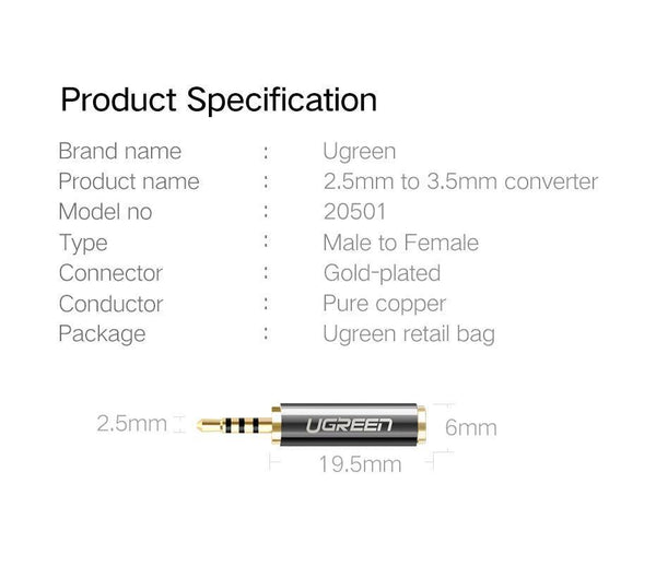 Planet Gates Ugreen 2.5mm Male to 3.5mm Female Stereo Full Metal Earphone Audio Headphone Adapter Connector Converter For iPhone Mobile Phone