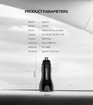 Planet Gates Ugreen 36W Dual USB Quick Charge QC 3.0 Car Charger for iPhone Samsung Huawei Fast Charge Mobile Phone Quick Charger Car-Charger