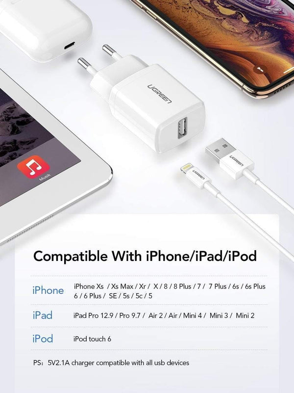 Planet Gates Ugreen 5V2.1A USB Charger MFi USB Cable for iPhone Xs Max XR Mobile Phone Charger for iPhone X 8 7 Wall Phone Charger for ipad