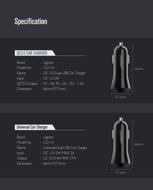 Planet Gates Ugreen Car USB Charger Quick Charge 3.0 Mobile Phone Charger Dual USB Fast QC 3.0 Car Charger for Samsung Xiaomi Tablet Charger