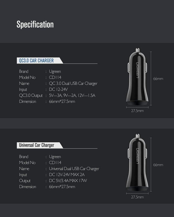 Planet Gates Ugreen Car USB Charger Quick Charge 3.0 Mobile Phone Charger Dual USB Fast QC 3.0 Car Charger for Samsung Xiaomi Tablet Charger