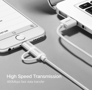 Planet Gates Ugreen USB Cable For iPhone XS X 8 7 6 Charging Charger 2 in 1 Micro USB Cable For Android USB Type c Type-c Mobile Phone Cables