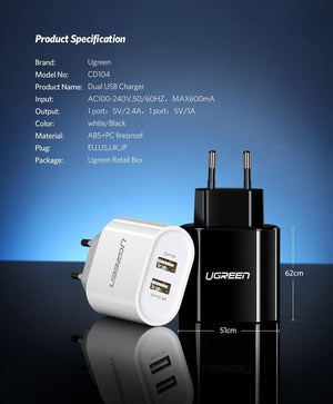 Planet Gates Ugreen USB Charger 3.4A 17W for iPhone 8 X 7 6 iPad Smart USB Wall Charger for Samsung Galaxy S9 LG G5 Dual Mobile Phone Charger