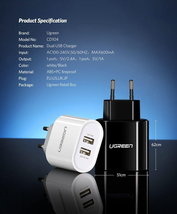 Planet Gates Ugreen USB Charger 3.4A 17W for iPhone 8 X 7 6 iPad Smart USB Wall Charger for Samsung Galaxy S9 LG G5 Dual Mobile Phone Charger
