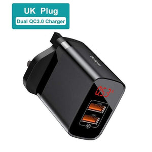 Baseus UK Plug Fast Charger 18W USB C PD Charger Quick Charge 3.0 Dual USB Ports Charger with Digital Display for Smartphone