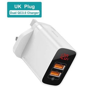 Baseus UK Plug Fast Charger 18W USB C PD Charger Quick Charge 3.0 Dual USB Ports Charger with Digital Display for Smartphone