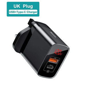 Baseus UK Plug Fast Charger 18W USB C PD Charger Quick Charge 3.0 Dual USB Ports Charger with Digital Display for Smartphone