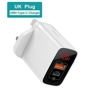 Baseus UK Plug Fast Charger 18W USB C PD Charger Quick Charge 3.0 Dual USB Ports Charger with Digital Display for Smartphone