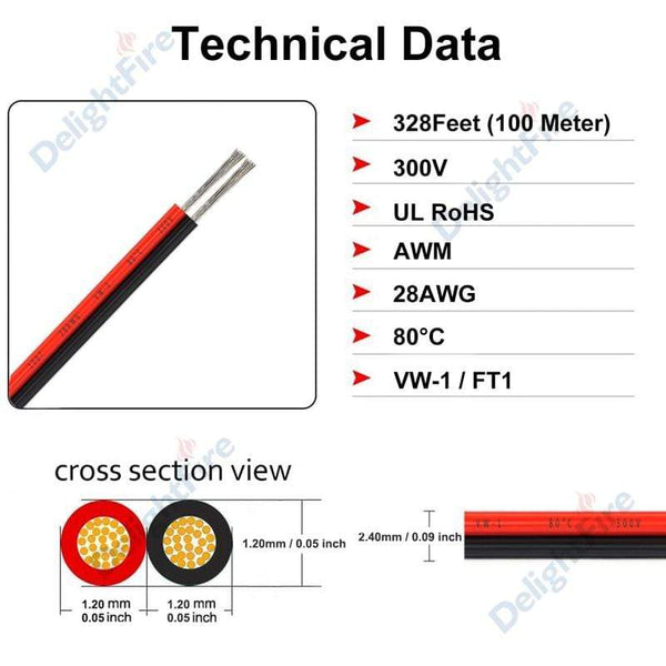 Planet Gates UL2468 2 Pin Electrical Wires 28/26/24/22/20/18 AWG Red Black Flat Ribbon Cable Speaker Wire For LED Car Audio 12V JST Connector