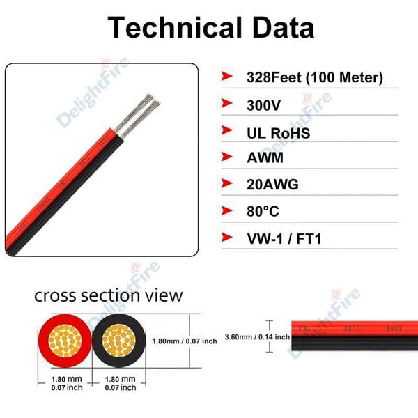 Planet Gates UL2468 2 Pin Electrical Wires 28/26/24/22/20/18 AWG Red Black Flat Ribbon Cable Speaker Wire For LED Car Audio 12V JST Connector