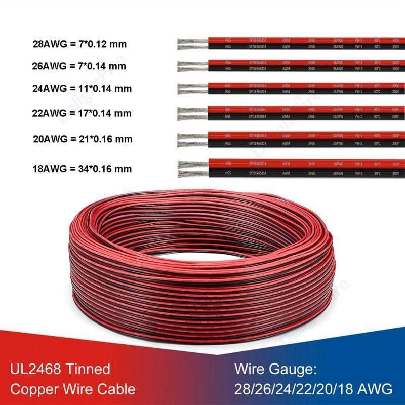 Planet Gates UL2468 2 Pin Electrical Wires 28/26/24/22/20/18 AWG Red Black Flat Ribbon Cable Speaker Wire For LED Car Audio 12V JST Connector