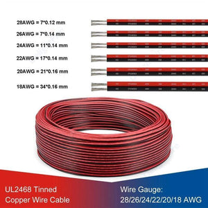 Planet Gates UL2468 2 Pin Electrical Wires 28/26/24/22/20/18 AWG Red Black Flat Ribbon Cable Speaker Wire For LED Car Audio 12V JST Connector