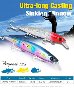 Planet Gates Ultra Long Casting 135S Saltwater Sinking Minnow BAYONET 135mm 26.4g Tungaten Weight Fishing Lure Seabass Hard Bait