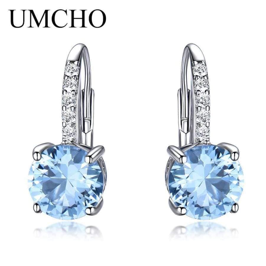 Planet Gates UMCHO Real 925 Sterling Silver Clip Earrings For Women Gemstone Sky Blue Topaz Female Earrings Round Wedding Gift Fine Jewelry