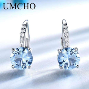 Planet Gates UMCHO Solid Silver 925 Jewelry Round Created Nano Sky Blue Topaz Clip Earrings For Women Birthday Gifts Charms Fine Jewelry