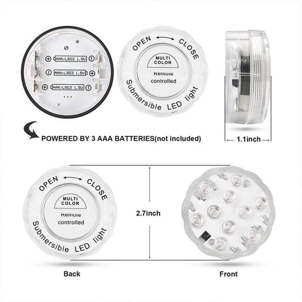 Planet Gates Underwater LED Light Submersible IP68 Waterproof Battery Operated Remote Control Multi Color 10 LED RGB Swimming Pool Night Lamp