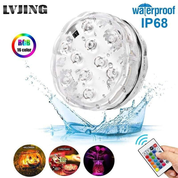Planet Gates Underwater LED Light Submersible IP68 Waterproof Battery Operated Remote Control Multi Color 10 LED RGB Swimming Pool Night Lamp