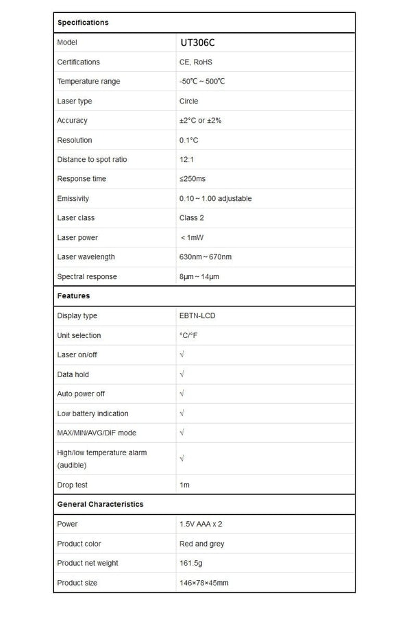 Planet Gates UNI-T Digital Thermometer UT306S UT306C Non-contact industrial Infrared Laser Temperature Meter Temperature Gun Tester-50-500