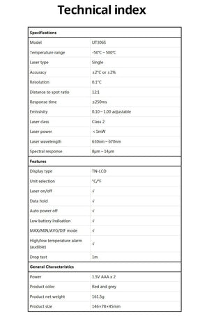 Planet Gates UNI-T Digital Thermometer UT306S UT306C Non-contact industrial Infrared Laser Temperature Meter Temperature Gun Tester-50-500