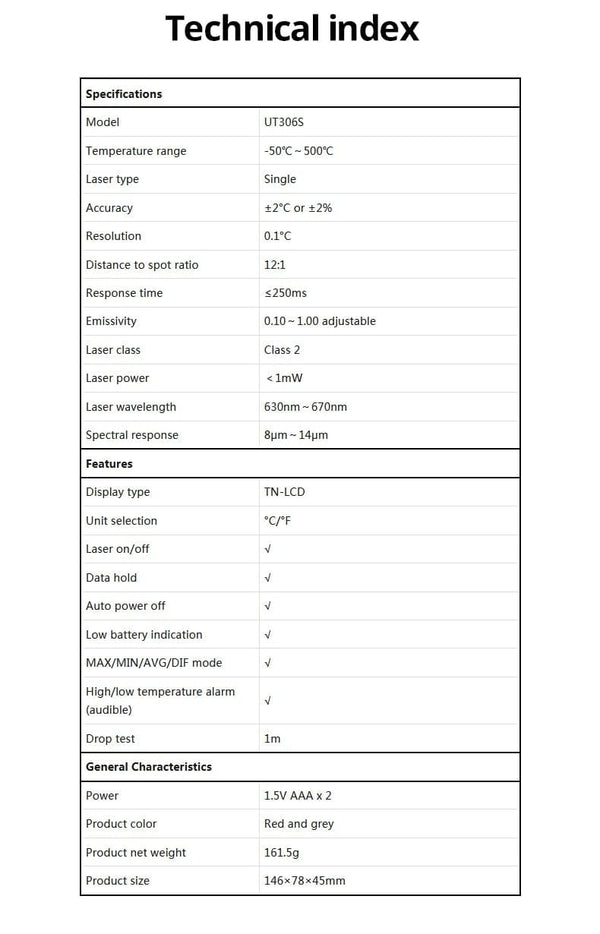 Planet Gates UNI-T Digital Thermometer UT306S UT306C Non-contact industrial Infrared Laser Temperature Meter Temperature Gun Tester-50-500