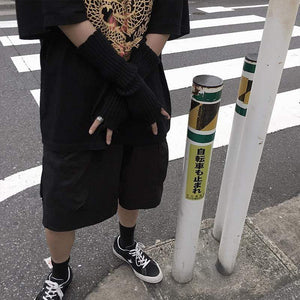 Planet Gates Unisex Fingerless Cuff Knit Gloves Women Men Elbow Length Mittens Broken Cool Stretch Arm Warmer Black Gray Beige