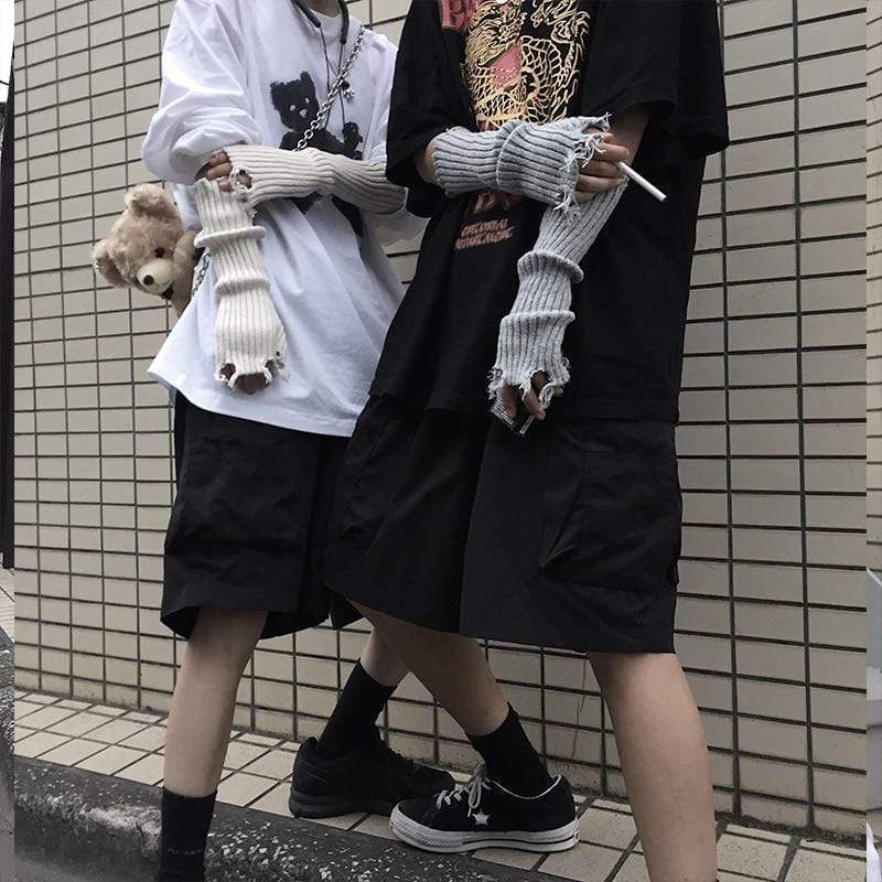 Planet Gates Unisex Fingerless Cuff Knit Gloves Women Men Elbow Length Mittens Broken Cool Stretch Arm Warmer Black Gray Beige