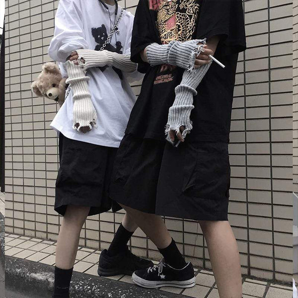 Planet Gates Unisex Fingerless Cuff Knit Gloves Women Men Elbow Length Mittens Broken Cool Stretch Arm Warmer Black Gray Beige