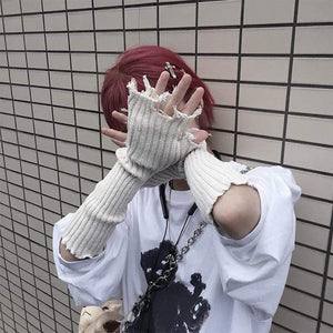 Planet Gates Unisex Fingerless Cuff Knit Gloves Women Men Elbow Length Mittens Broken Cool Stretch Arm Warmer Black Gray Beige