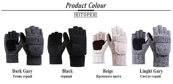 Planet Gates Unisex Plus Thick Male Fingerless Gloves Men Wool Winter Warm Exposed Finger Mittens Knitted Warm Flip Half Finger Glove