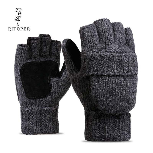 Planet Gates Unisex Plus Thick Male Fingerless Gloves Men Wool Winter Warm Exposed Finger Mittens Knitted Warm Flip Half Finger Glove