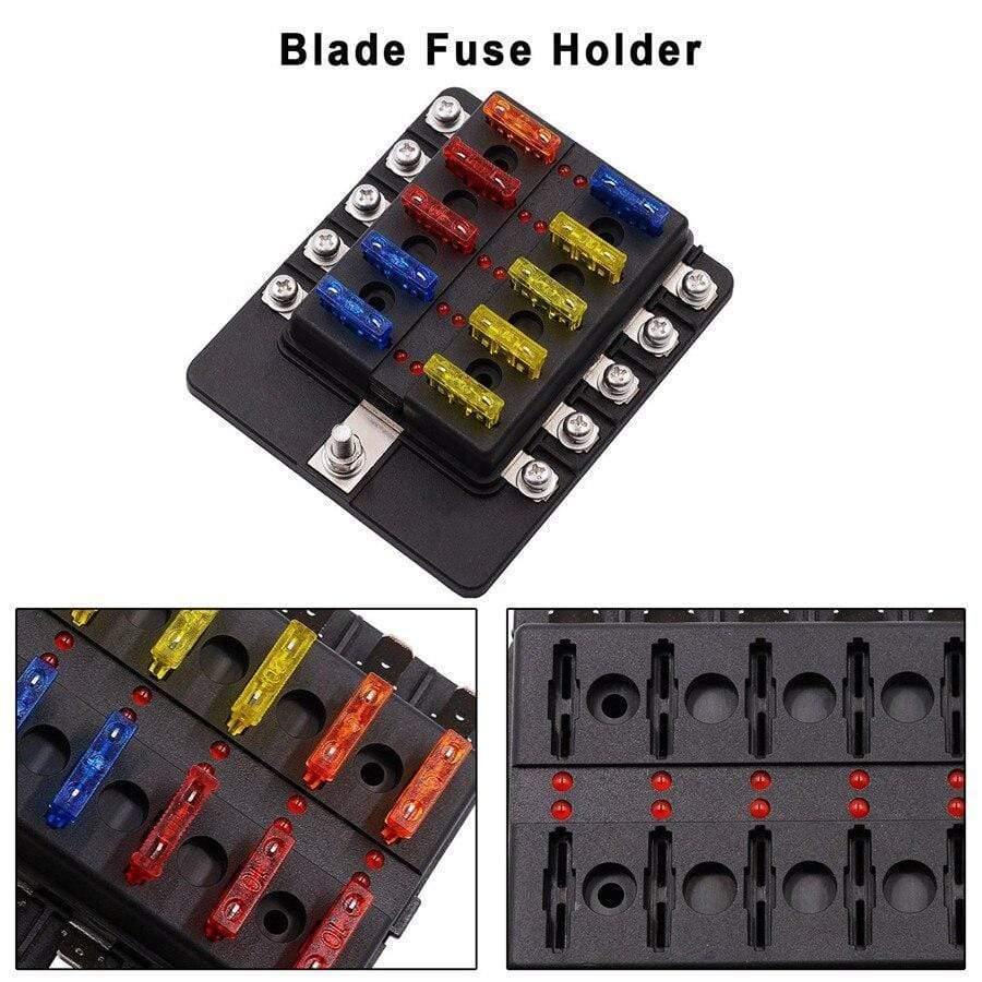 Universal 10-Way Car Standard Blade Fuse Box Holder Block LED Indicator 5/10/15/20A