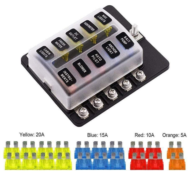 Universal 10-Way Car Standard Blade Fuse Box Holder Block LED Indicator 5/10/15/20A