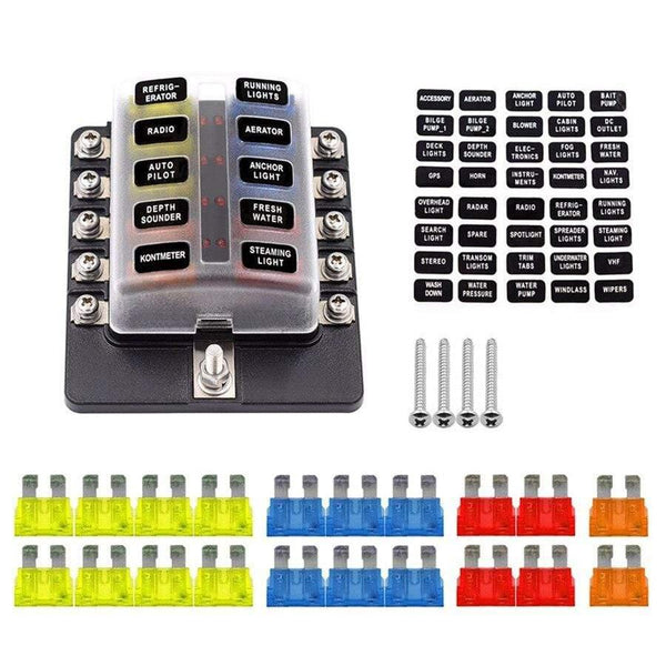 Universal 10-Way Car Standard Blade Fuse Box Holder Block LED Indicator 5/10/15/20A