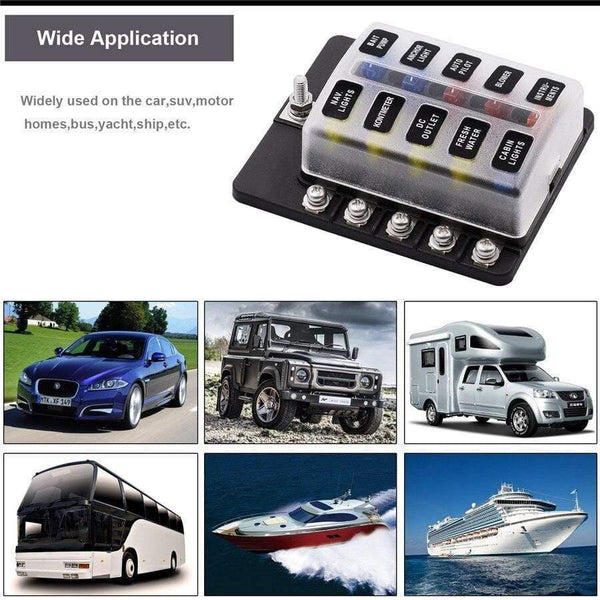 Universal 10-Way Car Standard Blade Fuse Box Holder Block LED Indicator 5/10/15/20A