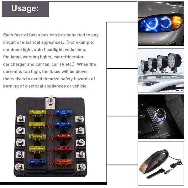 Universal 10-Way Car Standard Blade Fuse Box Holder Block LED Indicator 5/10/15/20A