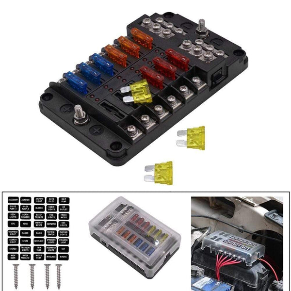 Universal Car Blade Fuse Box Automotive Circuit Fuse Block Holder DC32V 1-12 Way with LED Indicators